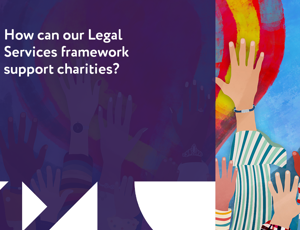 Colourful illustration of raised hands alongside text asking how a legal services framework can support charities